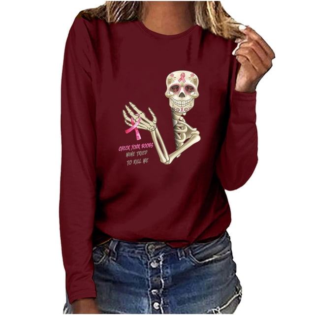 Blusa de manga larga con cuello redondo suelta informal con estampado de pecho para mujer Fridja fhghd70