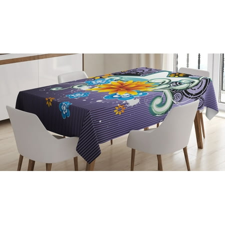 Contemporary Rectangular Flowers Modern Decor Tablecloth, Contemporary Design with Stars Flowers and Swirls with Dark Purple Backdrop, Rectangular Table Cover for Dining Room Kitchen, 60 X 84 Inches, Multicolor, by Ambesonne ()