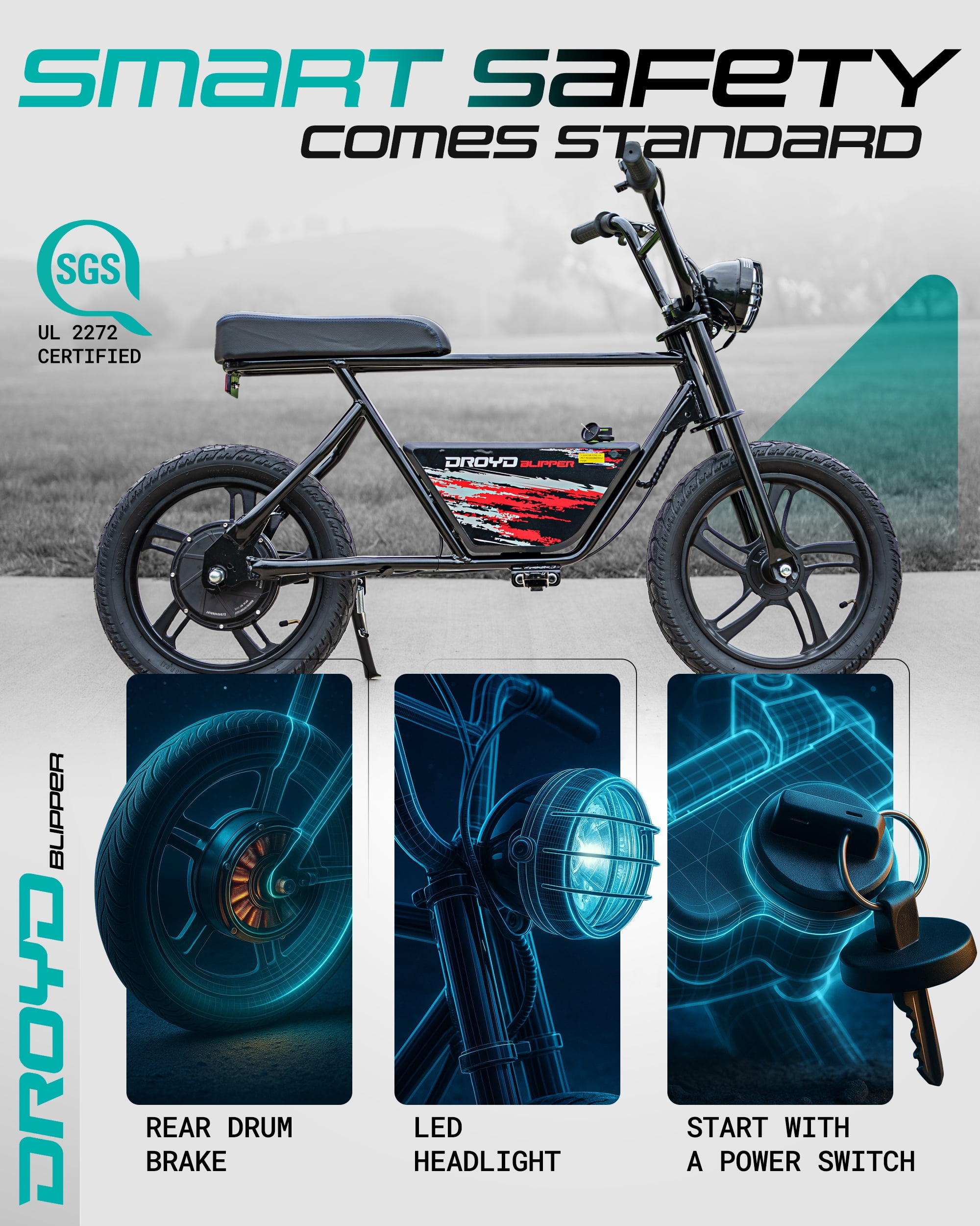 Droyd Blipper Electric Mini Bike - 250W for Teens 13+ | Safe Ride for Young Riders