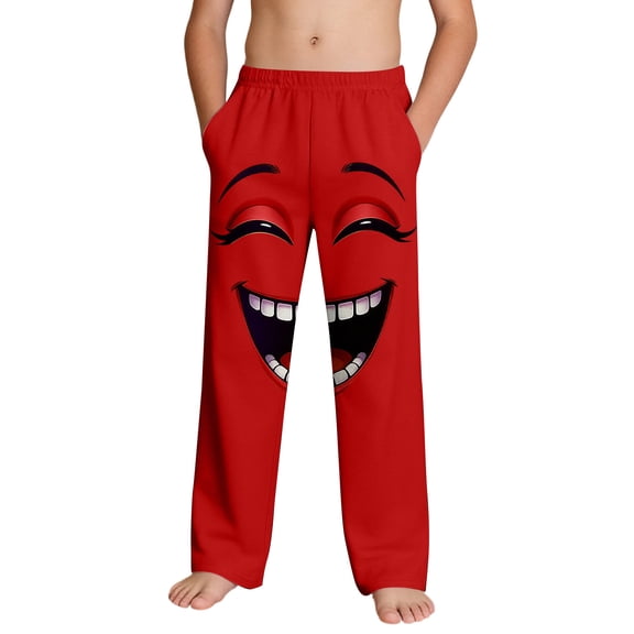 Boys Funny Sweatpants with Smiley Face Graphic - Soft Kids Lounge Pants for Everyday Play, Comfortable Casual Bottoms with Pockets, Red, Sizes 4-14,Size 9 T