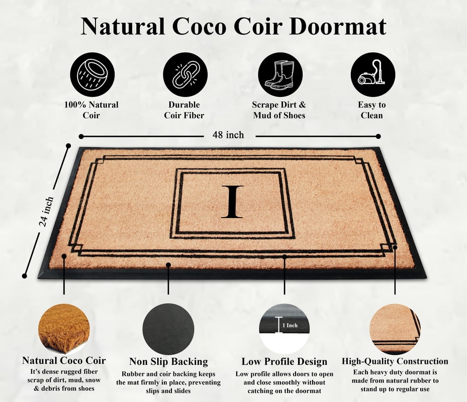 A1 Home Collections Rubber & Coir Mat, Heavy Duty, Extra Large, Front Door Mat 24"X48", Black/Beige Doormat Monogrammed I