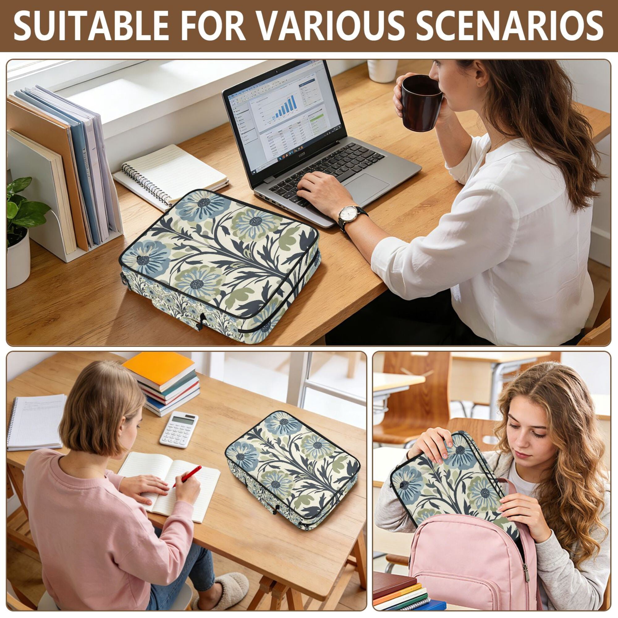 FORMRS Accordion File Folder A4 Size 7-Pocket Expanding Document Organizer Bag with 3 Ring Binder, Blue Floral Pattern