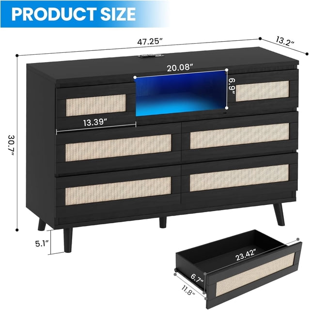 Eastvita 6-Drawer Natural Rattan Dresser with Key Features (Black)