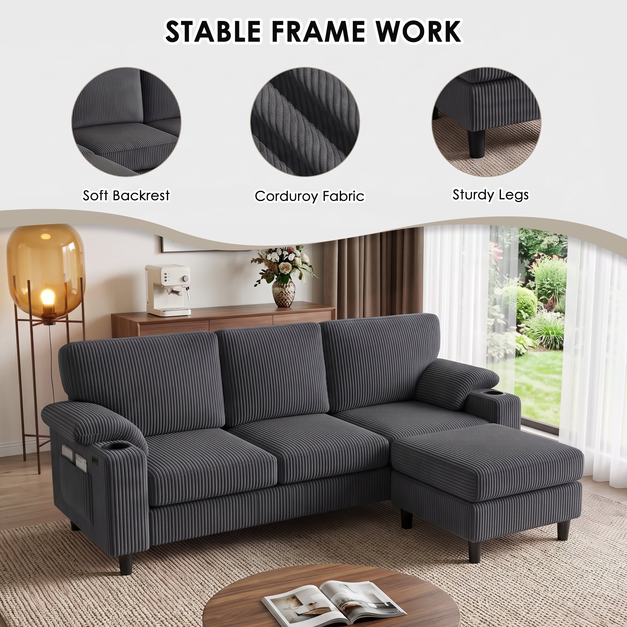 Anpport 80" L‑Shaped Corduroy Sectional Sofa, 3‑Seater Couch with Storage Ottoman, USB Port & Cup Holders for Small Spaces, Dark Gray