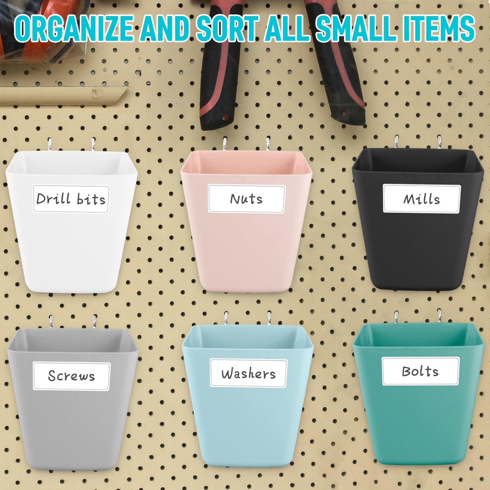 Large Pegboard Cups Peg Board Storage Bin 6 Pack With Hooks  Square Box Shape Cup Holder Accessories For Garage Workbench/craft Room/office/playroom/home Kitchen Organization (mixed)