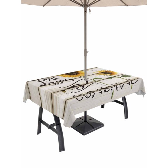 Outdoor Tablecloth with Umbrella Hole and Zipper, Sunflowers Rectangle Table Cloth 60x120 Inch Waterproof Tablecloth, Modern Bee You Are My Sunshine Wooden Grain Picnic Table Cover for Patio Camping