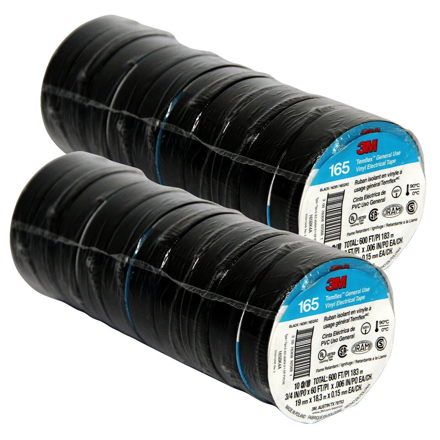 3M Temflex Vinyl Electrical Tape 165 Multipurpose 3/4" X 60FT Black 20 Roll