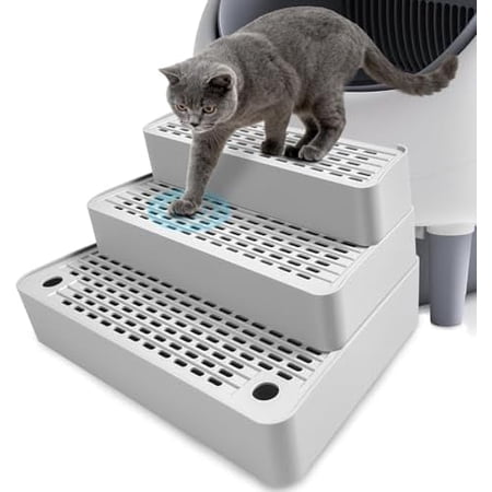 Adjustable 3 Steps Cat Litter Box Step Litter Box Ramp with Filter Function Non-Slip Easy to Clean Cat Litter Stair for Small & Elderly Cats (Light Grey)