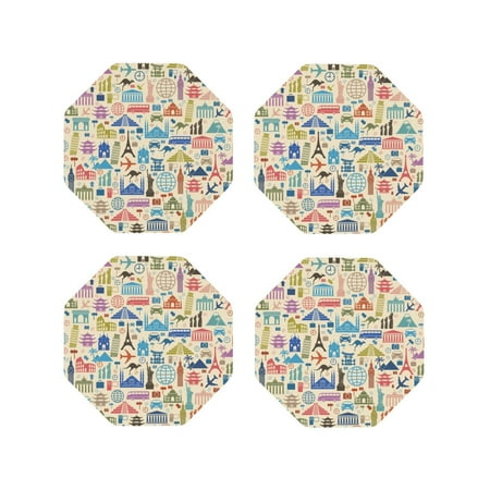 

Junzan Famous Places Print Coasters for Drinks - Leather Coasters Set of 4 for Coffee Table for Housewarming/Kitchen/Bar/Decor-Octagon