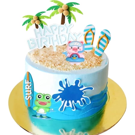 Beach Theme Cake Decorating Set - Animals, Waves, Palm Trees & Surfboards for Summer Party