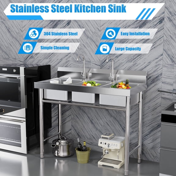 3-Slot Kitchen Sink with 2 Faucets, Stainless Steel Catering Prep Table Washing Sink