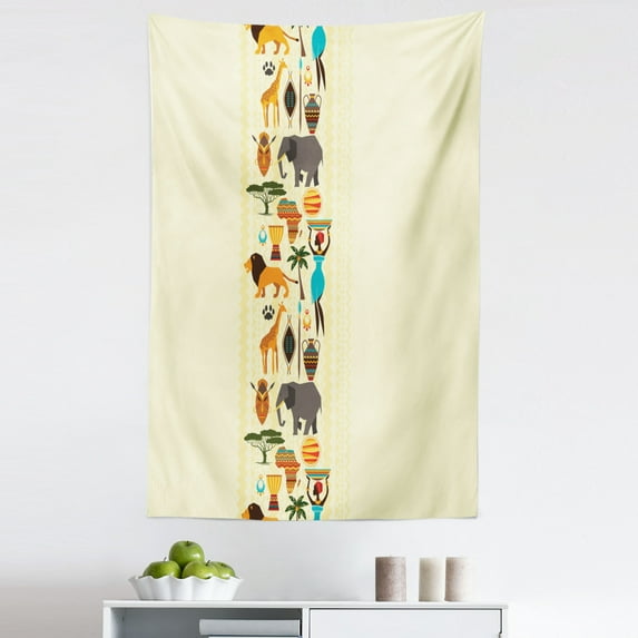 African Tapestry, Dark Continent Elements Woman of Color Carrying Water Lion, Fabric Wall Hanging Decor for Bedroom Living Room Dorm, 5 Sizes, Multicolor, by Ambesonne