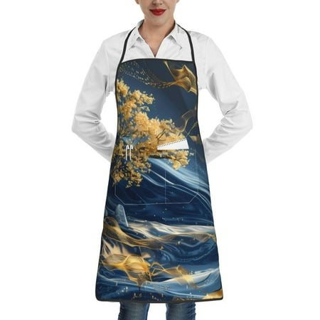 

Qekee Golden Fantasy Landscape Print Adjustable Bib Apron Resistant with Pocket Cooking Kitchen Aprons for Women Men Server Chef Apron