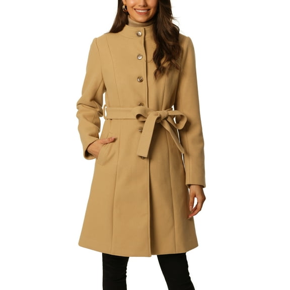INSPIRE CHIC Womens' Fall Winter Button Front Closure Mock Neck Woolen Coat with Pockets Khaki L