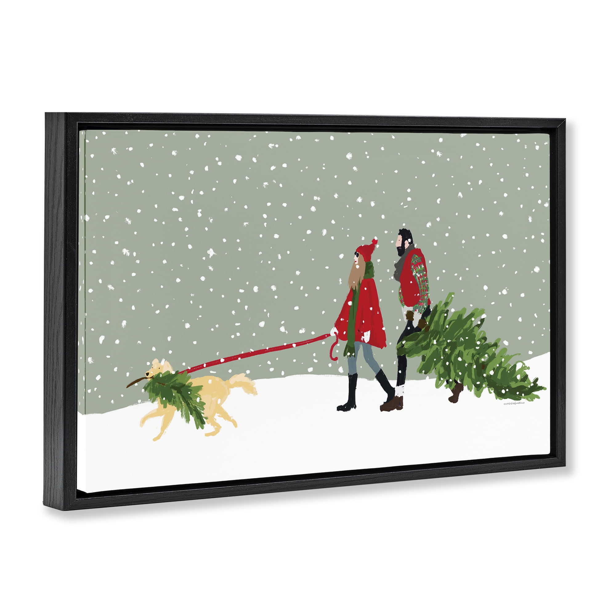 Stupell Industries Couple with Christmas Tree Holiday Painting Black Floater Framed Canvas Art Prints Wall Art, 31 x 21