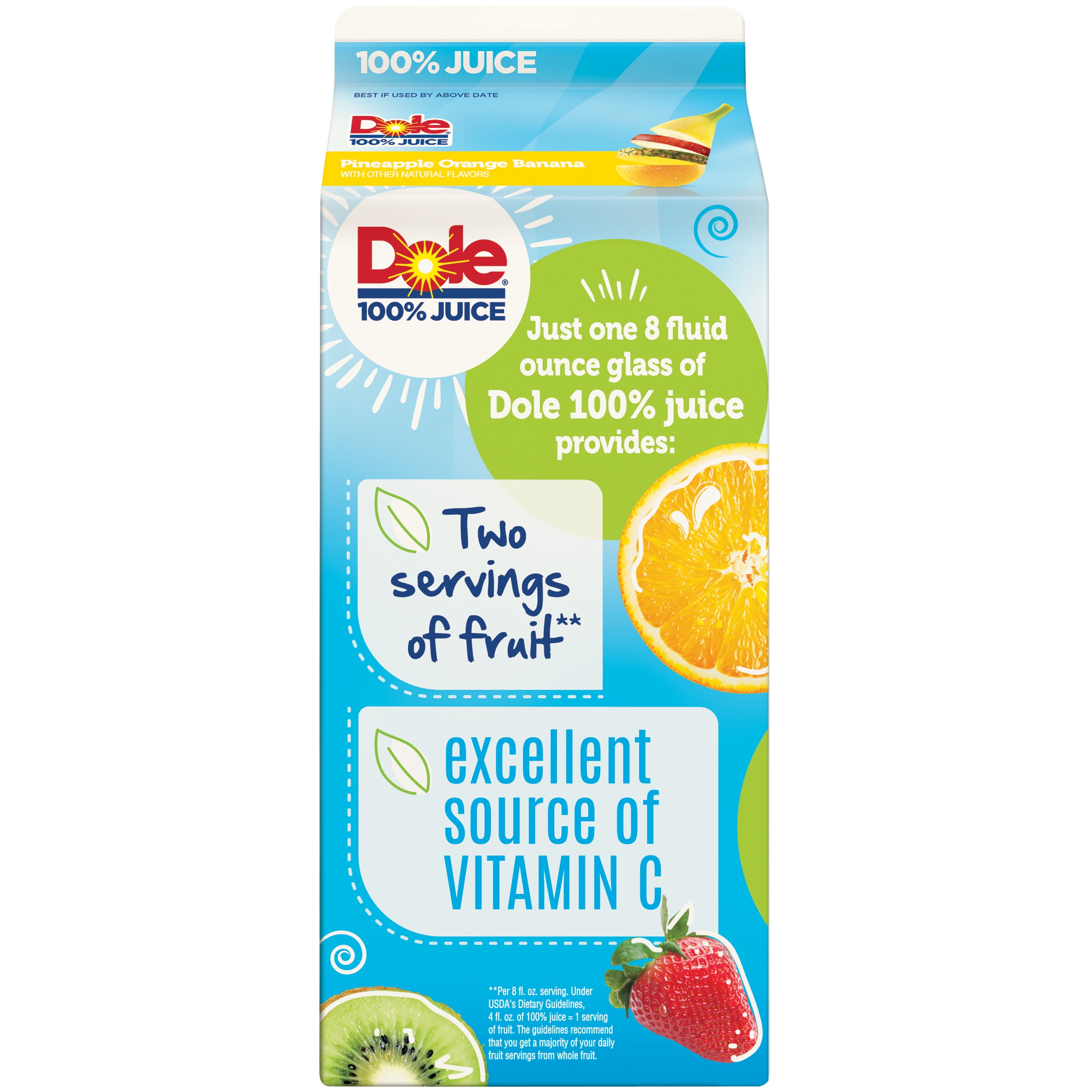 Dole 100% Juice Blend, Pineapple Orange Banana Flavored, 59 Fl Oz, Carton