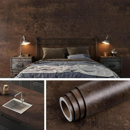 Brown Concrete Wallpaper Peel and Stick Burgundy Limewash Wallpaper for Bedroom Basement Wall Covering Dark Brown Concrete Contact Paper Removable Industrial Rustic Cement Accent 15.8x78.8