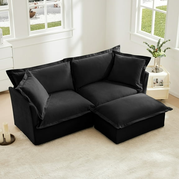 83.4" W Oversized Chenille Loveseat with Ottoman, 77" Wide Deep Seat Upholstered Sofa Couch with Washable Covers for Living Room or Small Apartment,Black