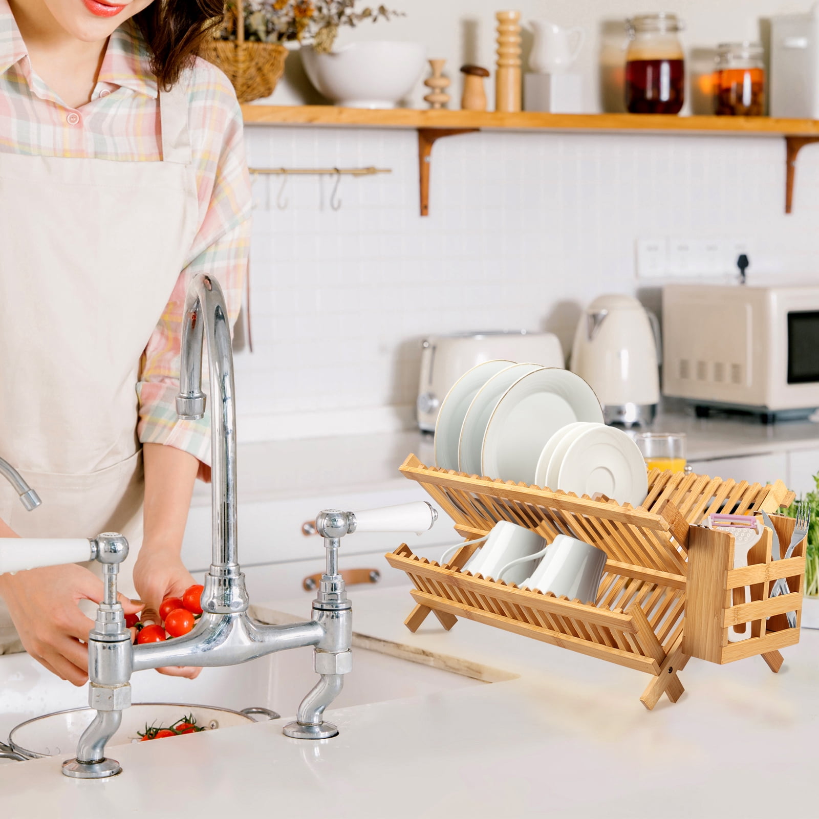 Jetcloudlive Bamboo Dish Drying Rack with Utensil Holder,Collapsible Wooden Dish Drainer Rack,2-Tier Large Folding Drying Holder for Kitchen Counter
