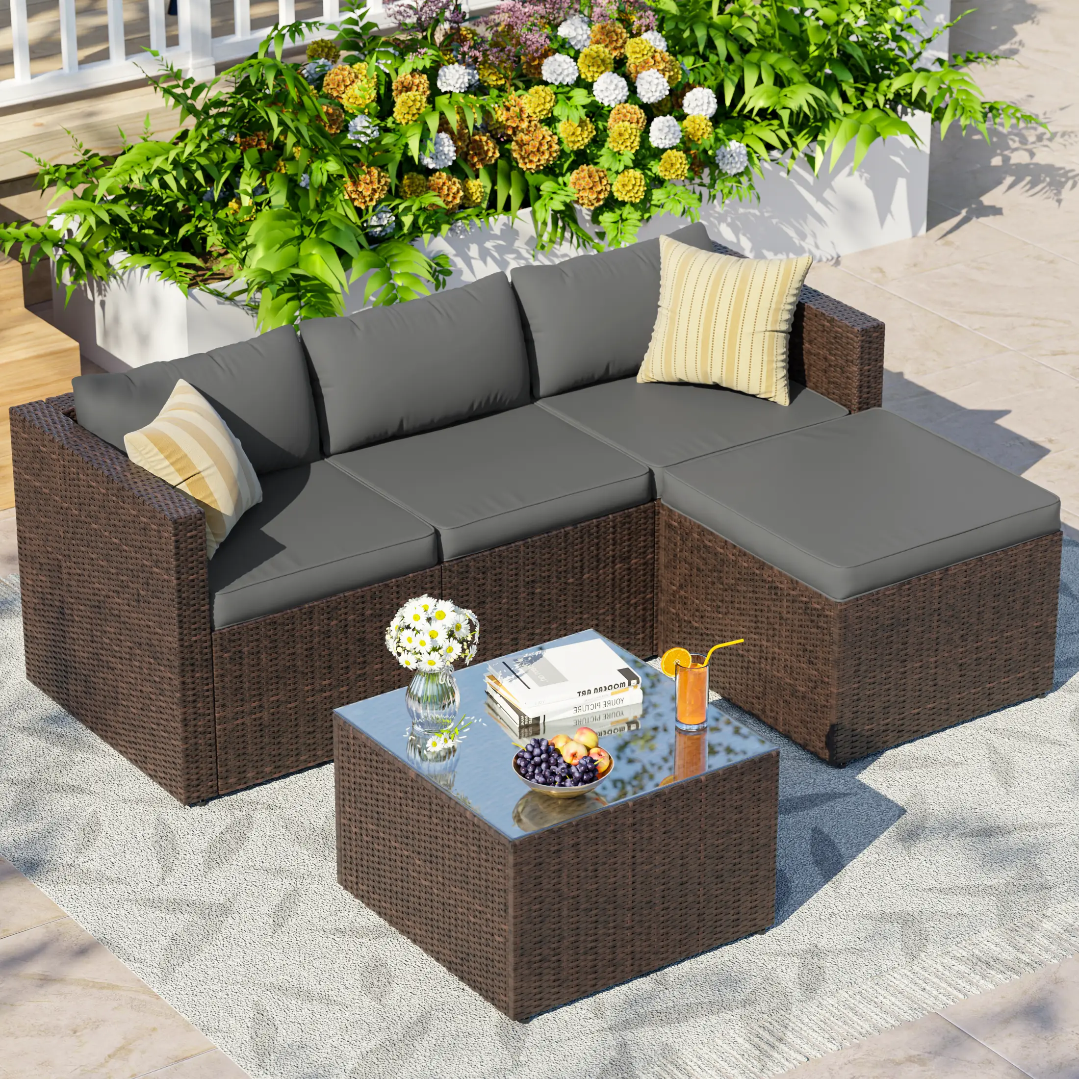 UDPATIO 5-Piece Patio Furniture Set,Outdoor Patio Furniture Set All-Weather Rattan Wicker Patio Conversation Set with Ottoman, Cushions & Glass Table for Garden & Backyard, Gray