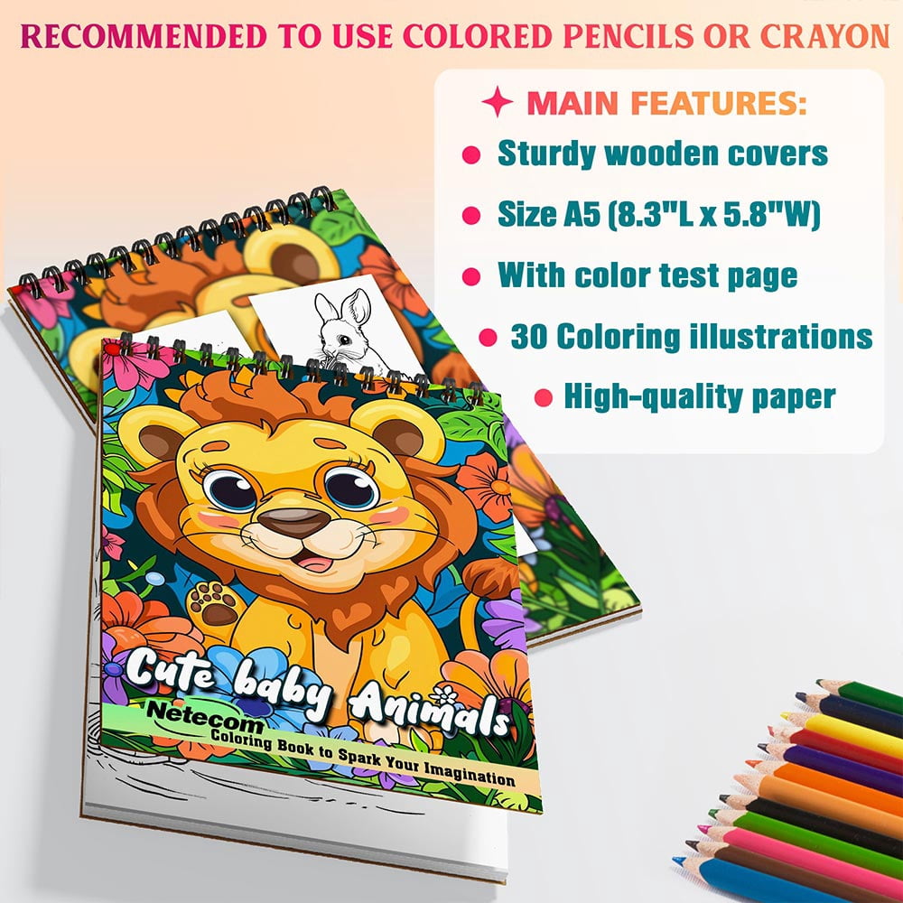 Netecom Cute Baby Animals Coloring Book Spiral Bound for Adults, A5 Wooden Cover, 30 Cuddly Coloring Pages of Forest Animal for Stress Relief and Relaxation, Spiral Bound Edition