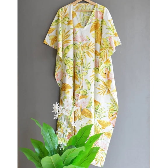 Tropical Leaves Flamingo Print Cotton Fabric Indian Kaftan Dress Long Top Caftan, Dress Beach Wear Cover up, Printed Sleepwear Maxi Dress Boho Kimono Robe