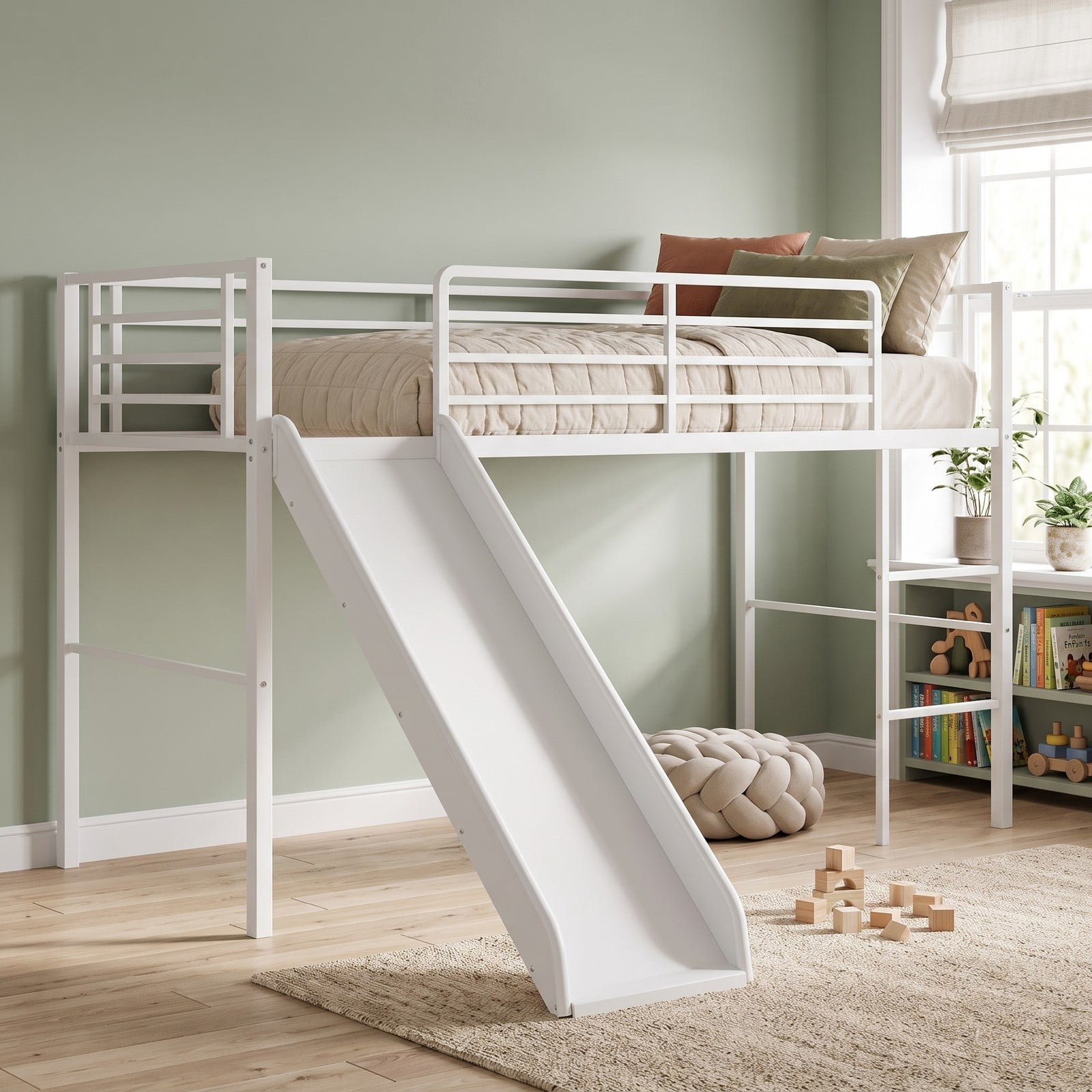 Furnibear Twin Metal Loft Bed with Slide and Built-in Ladder for Kids and Teens Bedroom, Space-Saving Loft Bed Frame with Guardrails, Silver