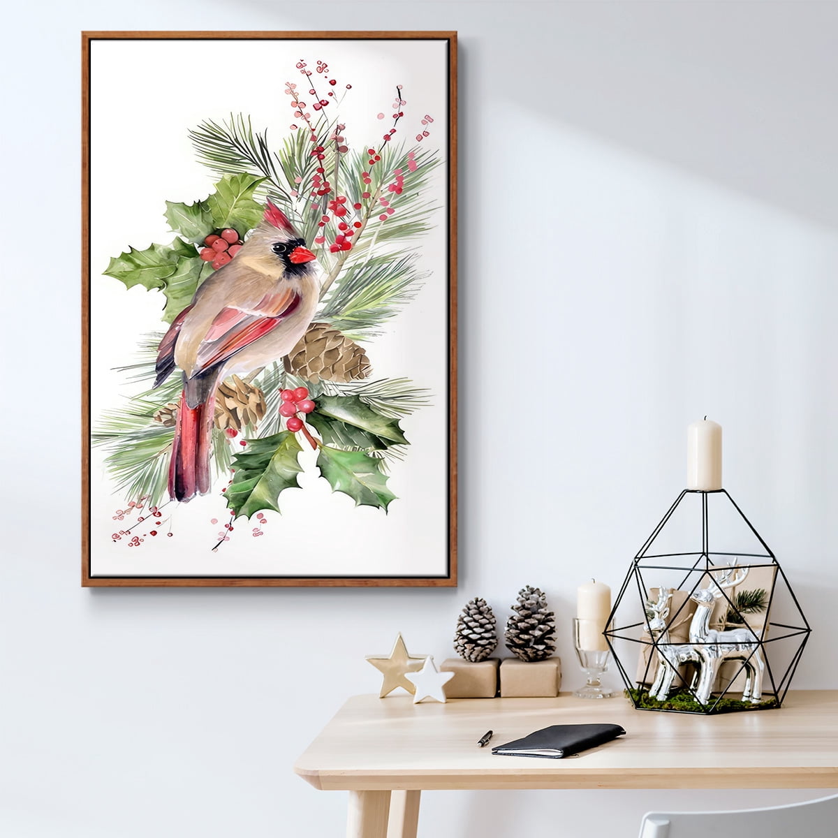 Cardinal Holly Christmas Collection B - Framed Gallery Wrapped Holiday Canvas - 17 x 25 - Rosewood Frame