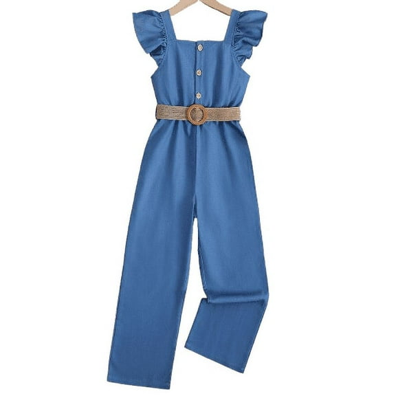 Mikrdoo Kid Girl Summer Ruffle Sleeveless Romper Solid Color Button Imitation Denim Design Casual Jumpsuit Sizes 7-14