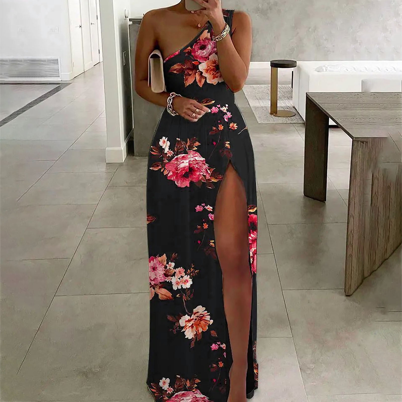 Leesechin Women High Waist Prom Dresses Printed Split Shoulder Dress  Hawaiian Ankle Length Dress - Walmart.com