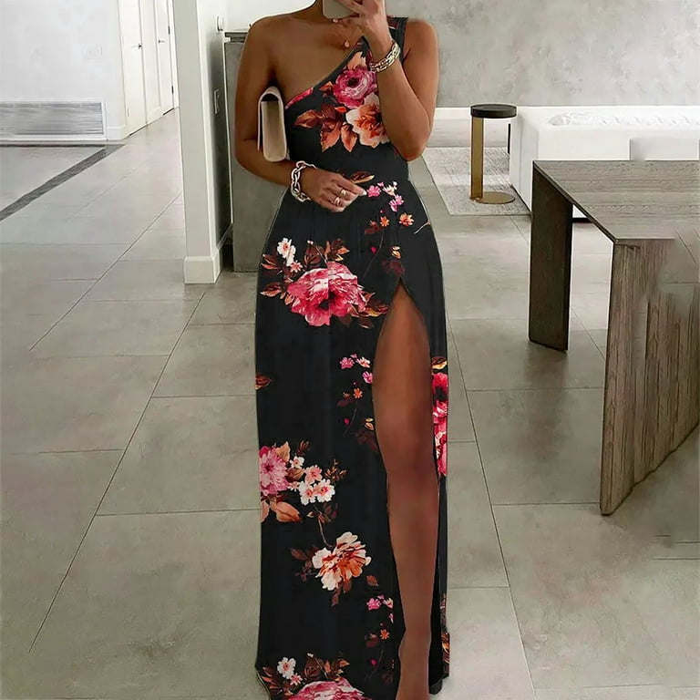 Wycnly Dresses for Women 2024 Fashion Summer Empire Waist One Shoulder  Pleated High Slit Hem Tank Long Sundress Geometric Print Sleeveless Slash  Neck Maxi Formal Dresses for Women Black s - Walmart.com
