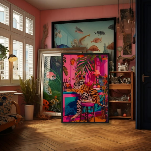 Miluva Funky Tiger Jungle Wall Art, Pink Retro Tiki Bar Illustration, Cool Cat In Sunglasses Print, Vibrant Boho Tropical Decor, Cocktail Artwork Decor For Living Room Bedroom, 8x12 UNFRAMED
