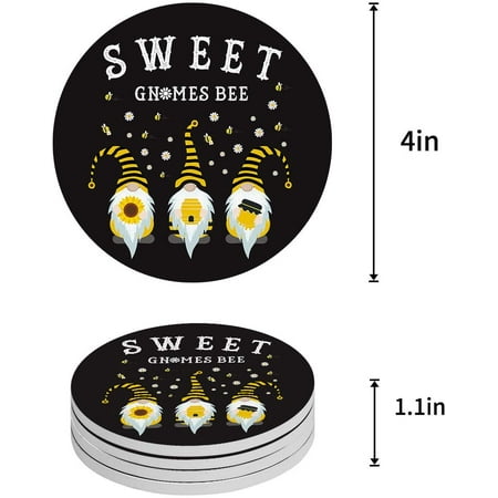 

ZHANZZK Sweet Gnomes Bee Farm Sunflower and Daisy Black Set of 6 Round Coaster for Drinks Absorbent Ceramic Stone Coasters Cup Mat with Cork Base for Home Kitchen Room Coffee Table Bar Decor