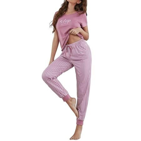 

Rejlun Ladies Sleepwear Striped Nightwear Short Sleeve Lounge Set Baggy Two Piece Outfits Casual Summer Pajamas Sets Pink L