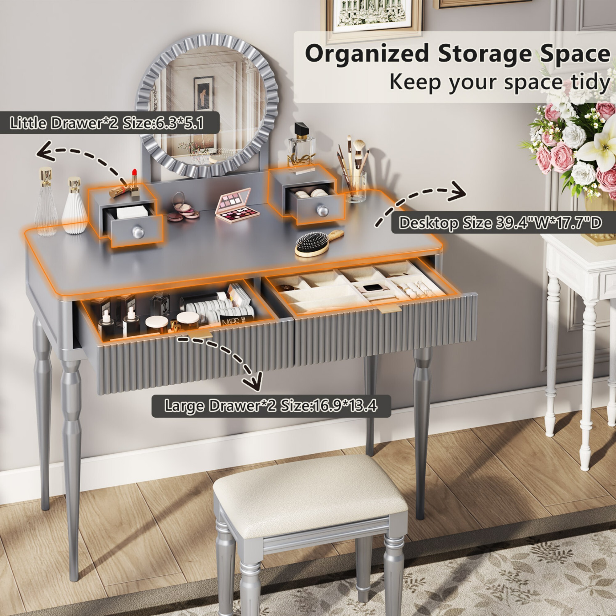 AENKYO Vanity Table with Stool & Adjustable Mirror, Vintage Modern Solid Wood Makeup Desk with 4-Drawer, Silver