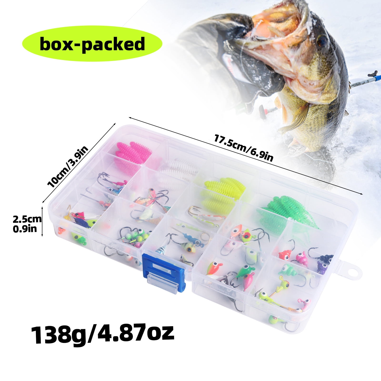 Riousery 93pcs Ice Fishing Jigs Kit, Includes Assorted Jig Heads, Hooks, and Soft Lures for Catching Bass, Trout, and Walleye (7.08 inches / 18 cm)