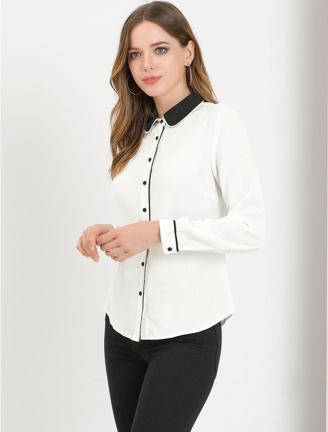 DARING DIVA Women's Button Down Long Sleeve Peter Pan Collar Blouse S White