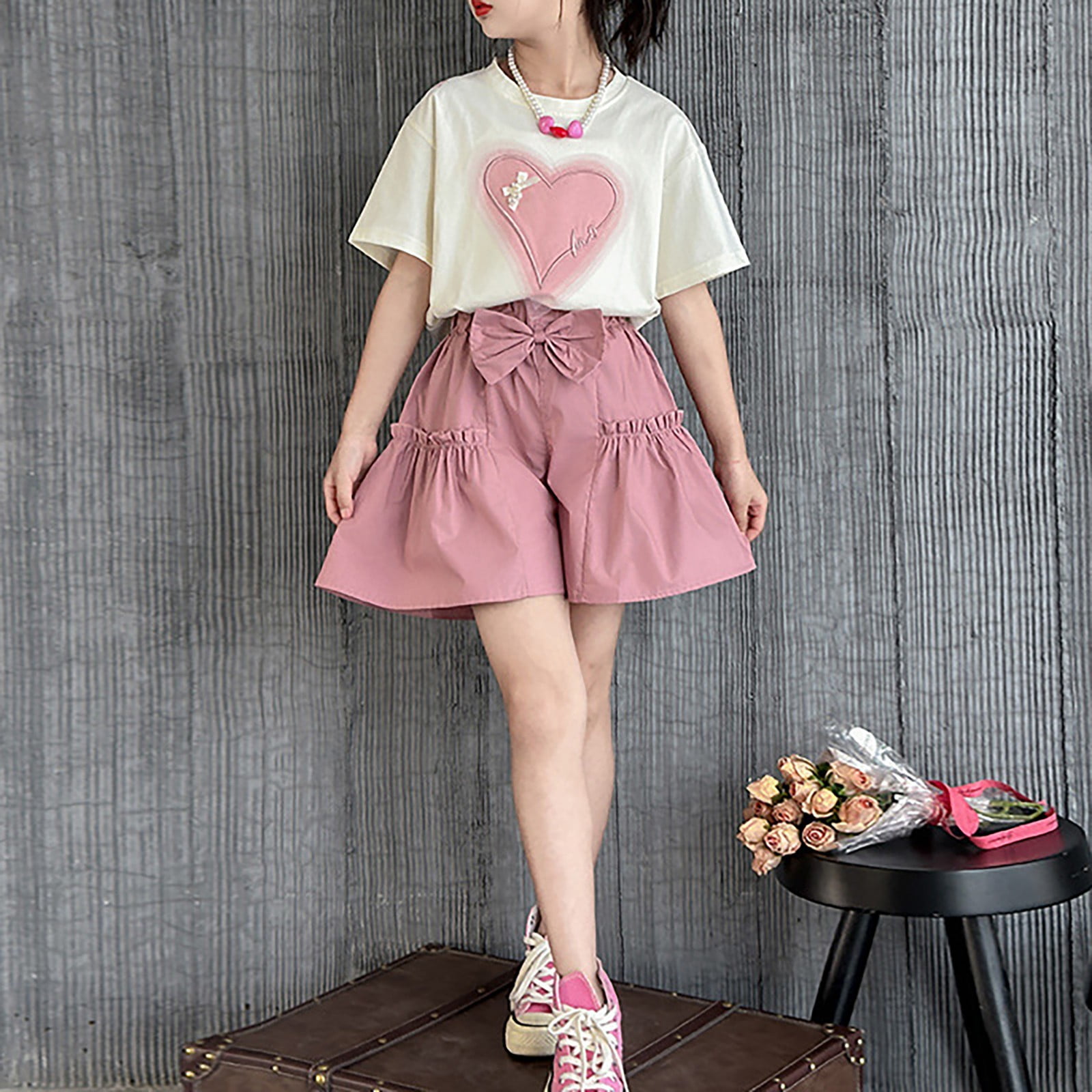 Girls 2 Piece Outfits Summer Clothes Heart Print Short Sleeve Shirts Top and High Waist Paper Bag Shorts Set with Pockets (Pink 5-6 Years)