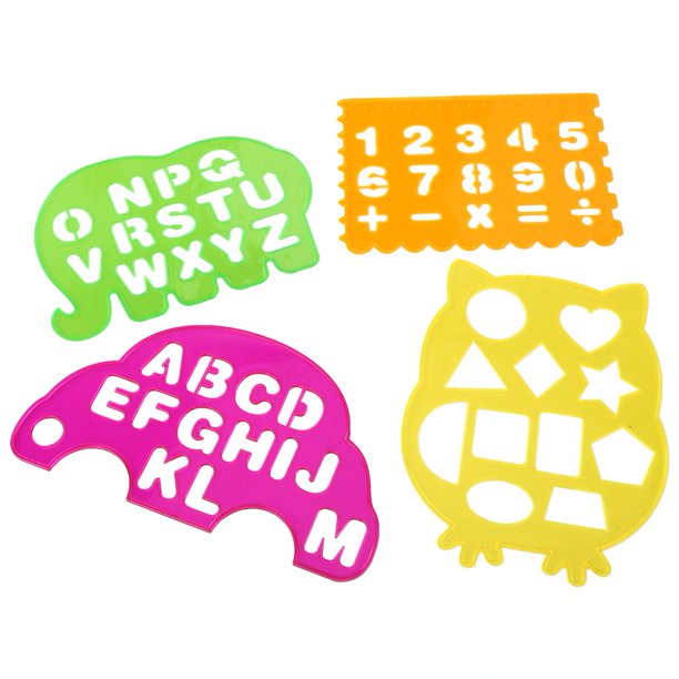 M Buder Juego de 4 Reglas Geométricas de Dibujo Artístico con Letras y Números, Plantillas de Plástico, Juguete Educativo y Creativo para Niños y Niñas, Divertido Set de Papelería - 20 cm