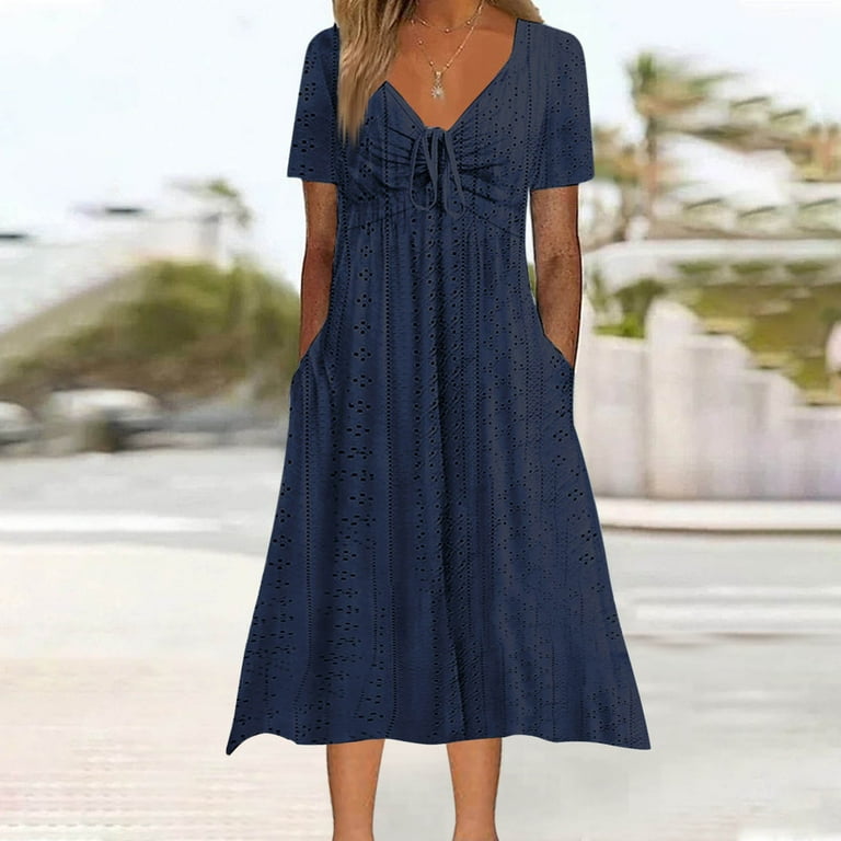 Trendy SMihono Eyelet Boho Tie Back Dress for Women, Casual Summer - Main Image