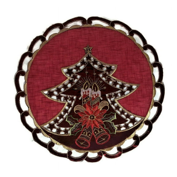 Doily Boutique Round Doily with Red Christmas Tree on Sheer Fabric Size 15 inches