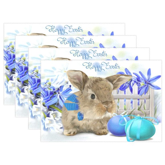 WOOR Napperons Peinture Aquarelle Lapin de Pâques pour Table à Manger Résistant à la Chaleur Décoration de Table de Cuisine Lavable Ensemble de 4