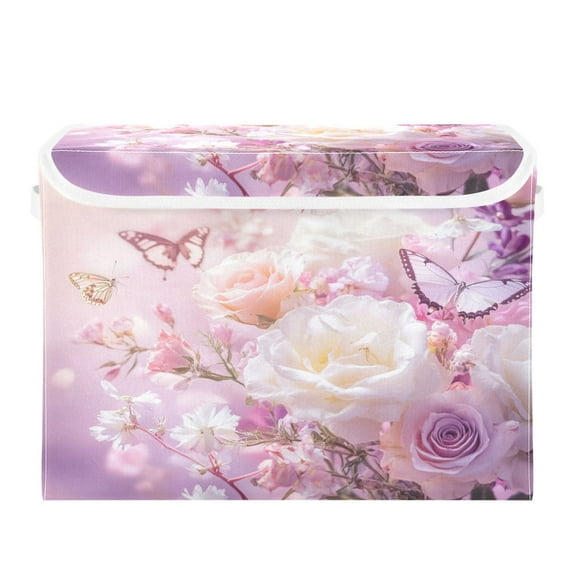 WOBOGO Butterfly Garden Large Collapsible Storage Box Flip Lid Fabric Decorative Organizer Container Basket with Handles 16.5×12.6×11.8in