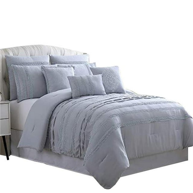 The Urban Port BM222755 Assisi Comforter Set with Reverse Pleats & Lace, Gray - Queen Size - 8 Piece