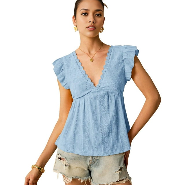 Women'S Lace Trimmed V Neck Ruffled Sleeve Flared Eyelet Tank Blouse Top Light Blue M