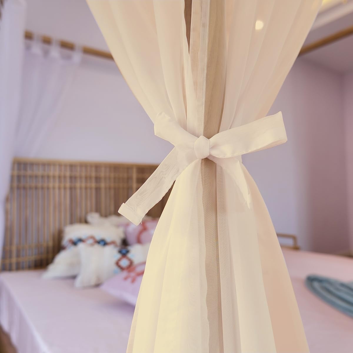 Bed Curtains For King  Queen Full And 4 Corner Canopies & Drapes Four Poster Beds Sheer Champagne