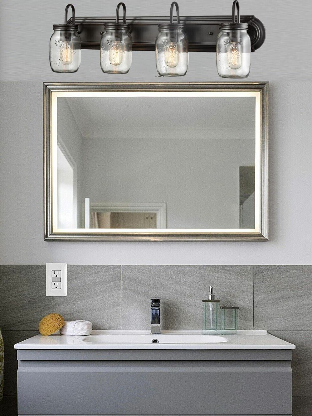 Vintage Clear Glass Jar Wall Sconces 4-Light Bathroom Vanity Lighting Fixture