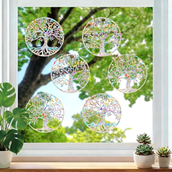 6 Pcs Tree of Life Rainbow Prism Window Clings, 7.4" x 7.4" Static PVC Window Decals for Bird Strikes, Prevent Birds from Hitting Windows Suncatcher Decorative Stickers
