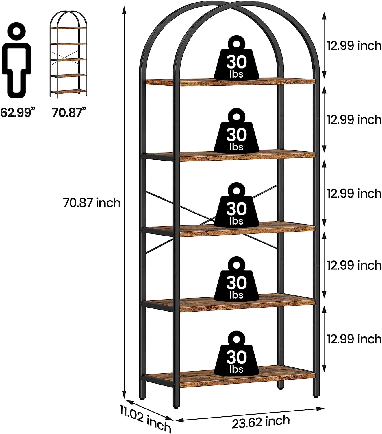 IdealHouse Arched 5-Tier Bookshelf, Modern Bookcase with Gold Metal Frame, Tall Wood Storage Shelf for Living Room, Bedroom, Home Office, Easy Assembly, Brown