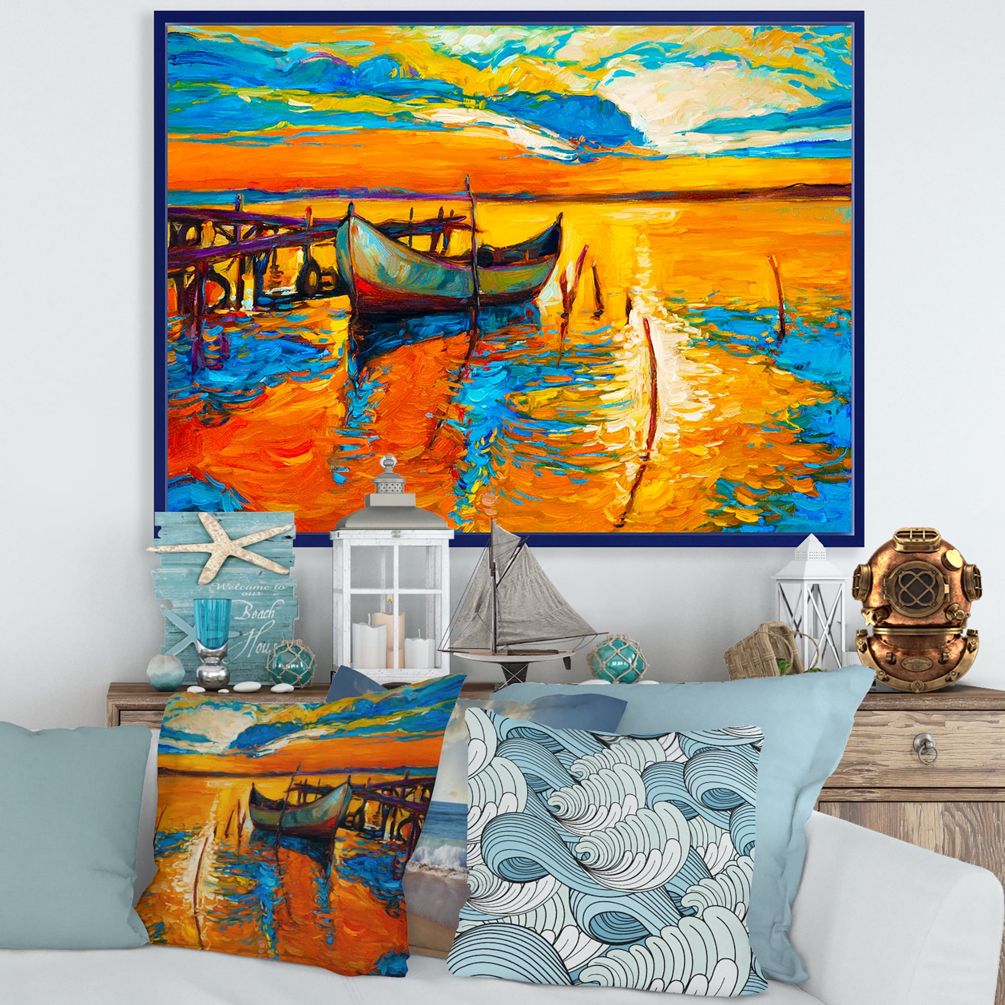 Designart 'Boat At The Lake During Evening Glow VII' Nautical & Coastal Framed Canvas Wall Art Print